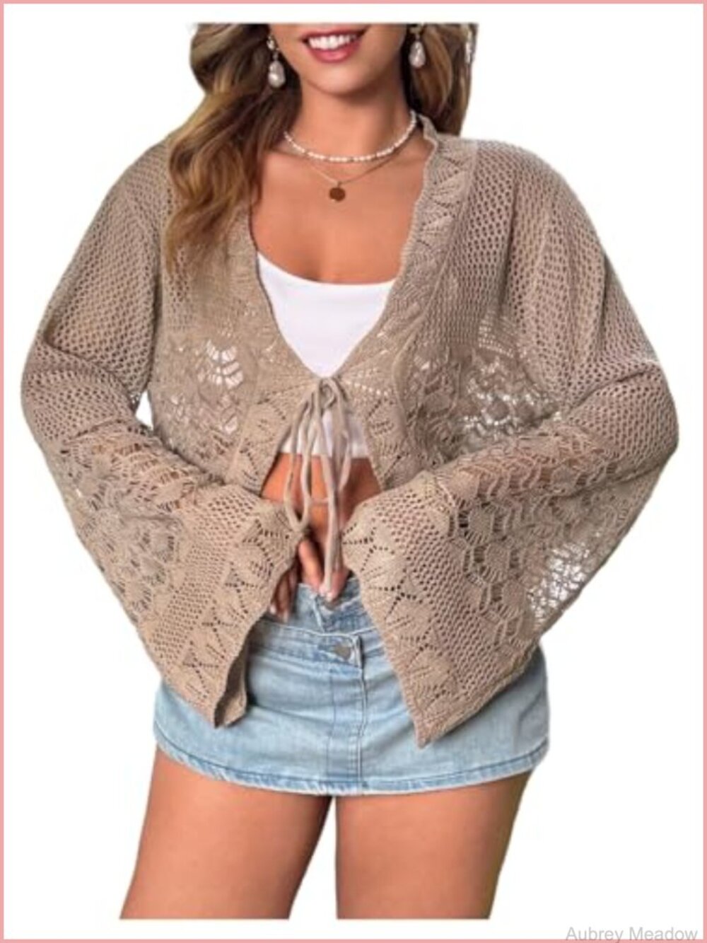 Plus Size Crochet Cardigan Bell Sleeve Tie Front Lightweight Crop Sweater